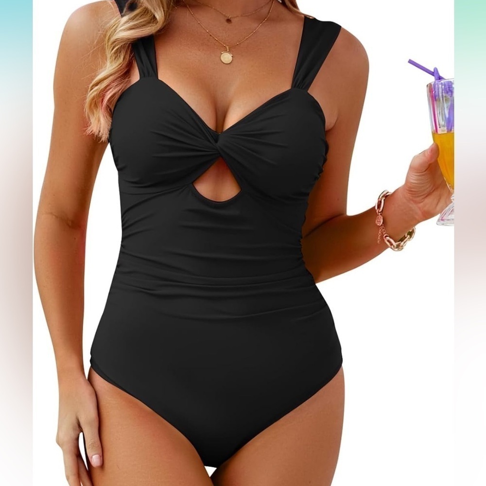 VIMPUNEC Women Black One Piece Tummy Control Swimsuit High Waisted  size L  A28